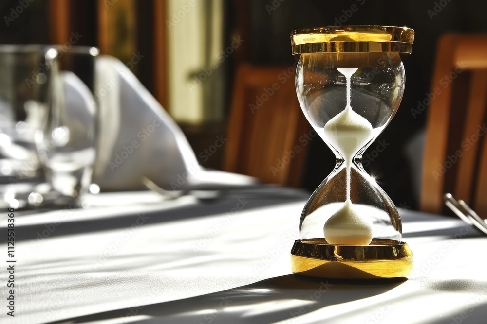 Poster An hourglass sits atop a table with a simple background