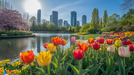 Fototapeta premium Tulipany w żywych barwach rozkwitają w jasnym, zielonym otoczeniu parku.