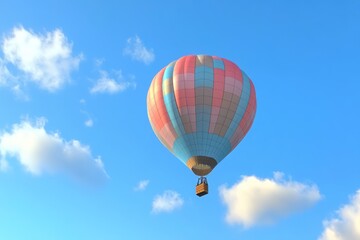 Naklejka premium A hot air balloon soaring above the clouds in a clear blue sky, perfect for adventure or travel themes