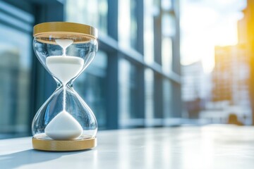 An hourglass sits on a table, near a window with a view