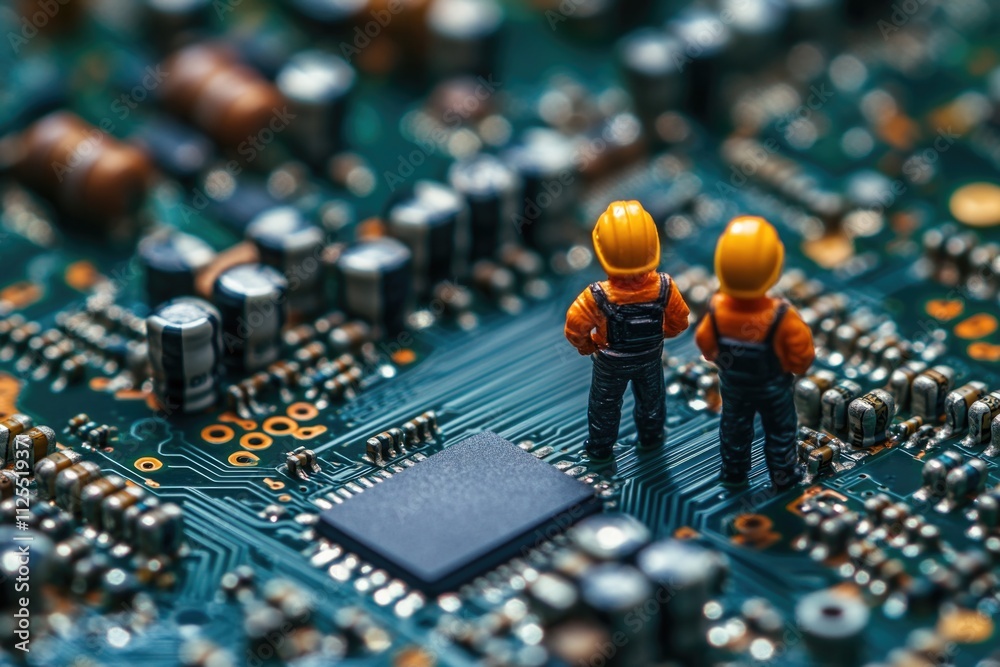 Poster two small figurines stand on top of a circuit board, with electronic components and wires in the bac