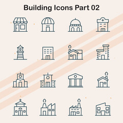 Icons featuring diverse buildings and architectural elements