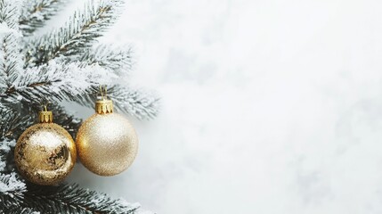 Beautiful Christmas tree background with Christmas tree branches and gold Christmas tree toys