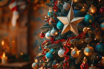 Decorated Christmas tree with ornaments and a star on top