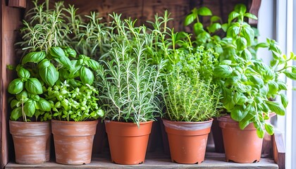 Fototapeta premium Rustic Herb Garden with Fresh Greens in Terracotta Pots Organic Photography