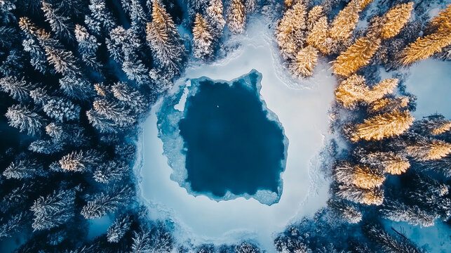Aerial view of frozen lake surrounded by snow-covered pine trees