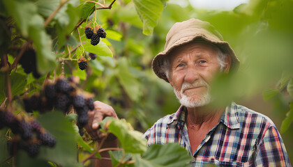 Portrait of a smiling farmer. Farmer picking blackberries in a field