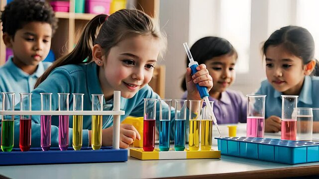 Curious Children Conducting Experiments with Colorful Liquids in Test Tubes During a Science Class

