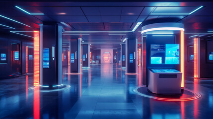 Futuristic neon-lit corridor with interactive digital displays and technology panels