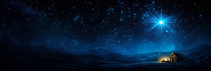 Wooden Stable at Dark Blue Starry Night, Jesus Christ Birth Concept Banner with Copy Space