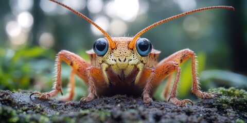 A detailed view of a grasshopper's face with large, expressive eyes