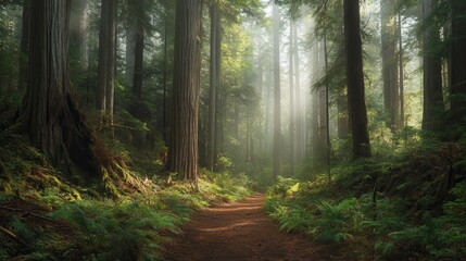 Misty Redwood forest path.