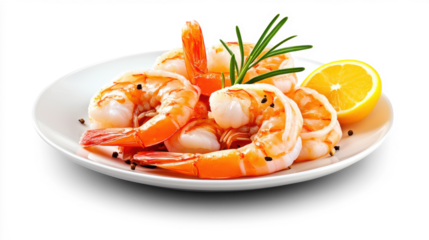 Fresh shrimp with lemon and herbs on transparent background