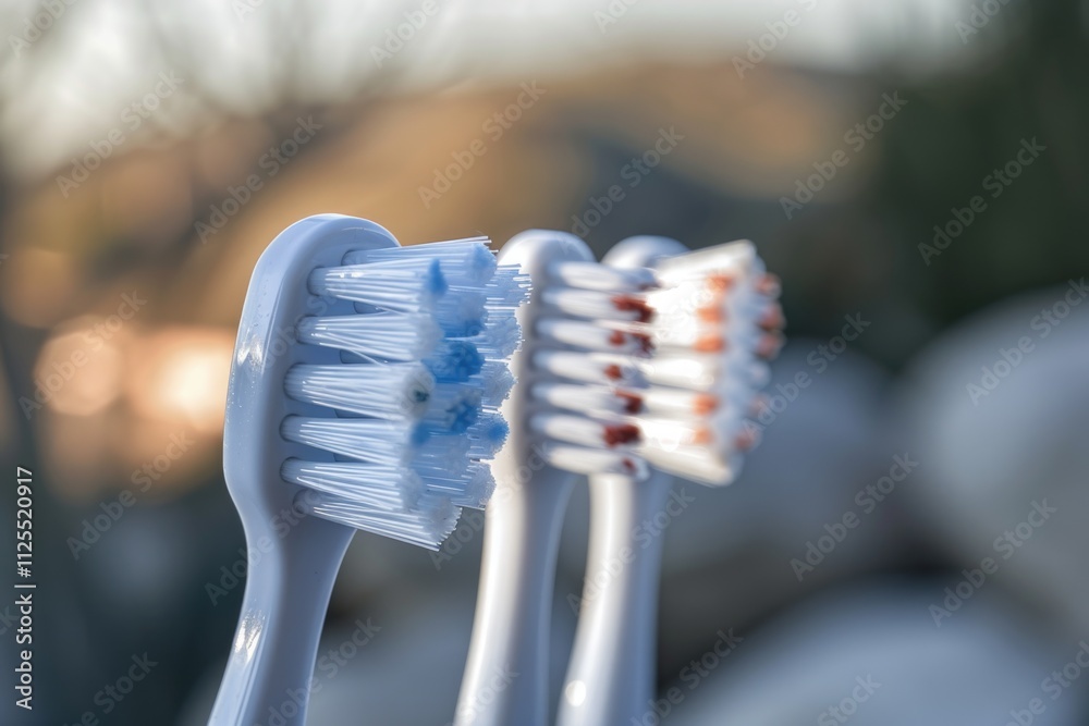 Aufkleber Two toothbrushes sit side by side on a surface, ready for use