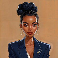 A cartoon style professional portrait of a Black woman in tailored professional attire, wearing a deep navy blue blazer over a light blouse.