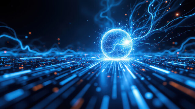 A computer-generated rendering showcasing a data center with digital representations of RAG, Retrieval Augmented Generation technology, highlighted by blue and white lights.