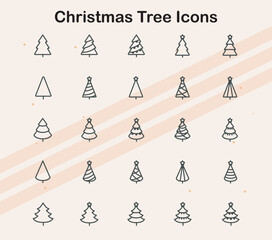 Icons illustrating various Christmas tree designs and holiday decor