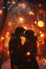 Fototapeta premium A romantic kiss of a couple, twinkling lights,generative ai illustration