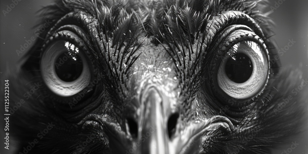 Poster close-up photo of an ostrich's face, showing its distinctive features