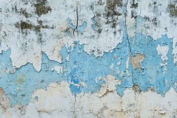 Fototapeta premium A worn-out blue and white wall with peeling paint, perfect for decorating or illustrating wear and tear