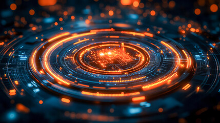 Futuristic digital technology interface with glowing orange and blue circles