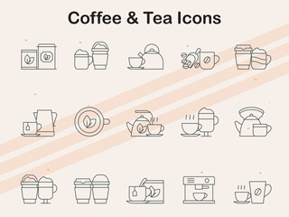 Icons set featuring coffee and tea-related items  perfect for cafes  beverages  and drink illustrations.