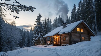 Snow-Covered Cabin in a Pine Forest with Smoke Rising from the Chimney