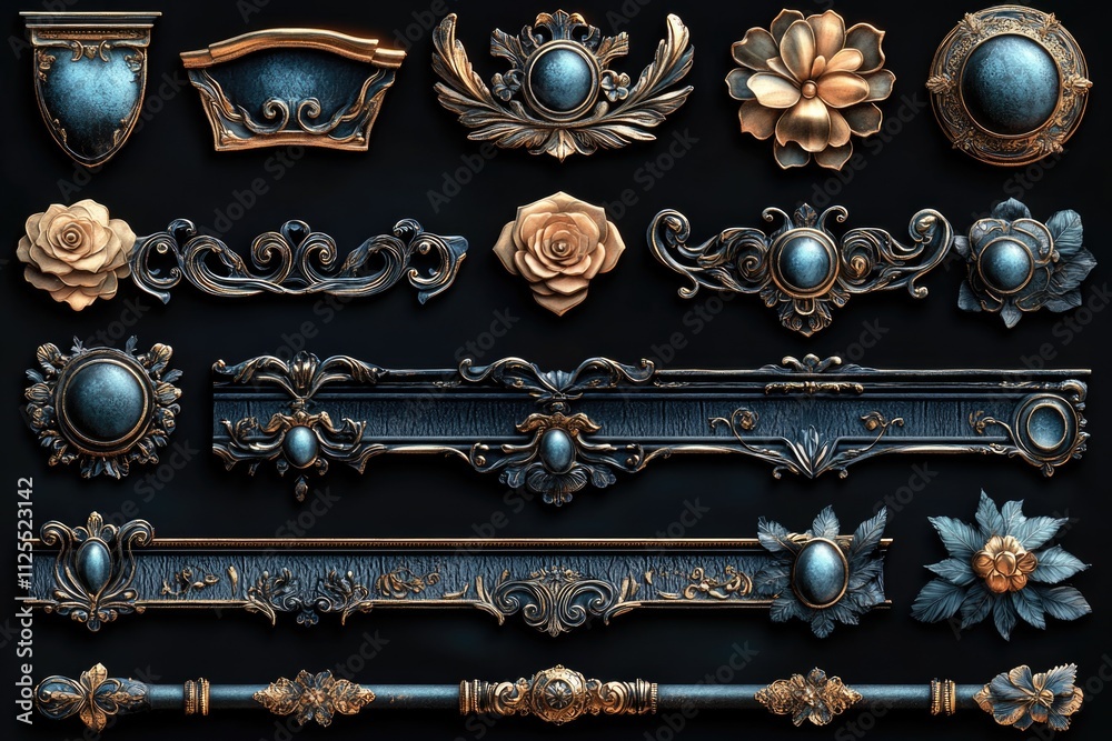 Aufkleber A collection of decorative objects arranged on a black background for creative use
