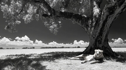 Majestic lion resting under a vast tree in black and white savannah landscape