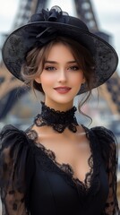 A young woman elegantly dressed in black stands in front of the Eiffel Tower wearing a stylish hat. Her attire exudes sophistication and timeless fashion.