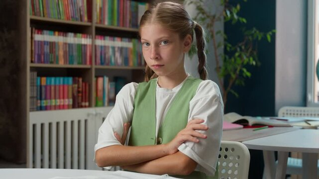 Sad tired offended Caucasian little girl school child kid pupil schoolgirl student primary school education learner crossing arms looking at camera worried offense learning problems punishment indoors