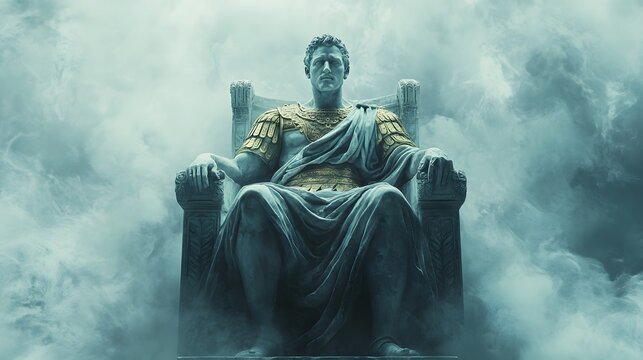 Statue of a mythological emperor seated on a grand throne surrounded by misty cloud, depicting a scene of power and divinity - Powered by Adobe