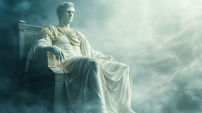 Statue of a mythological emperor seated on a grand throne surrounded by misty cloud, depicting a scene of power and divinity