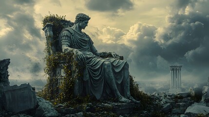 Overgrown marble statue of an ancient ruler sitting on a throne in a ruined setting surrounded by vines and remnants of ancient building under a moody sky