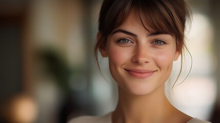 Naklejka premium Portrait of a young woman with a warm smile, natural makeup, and gently styled hair, sitting indoors with natural light illuminating her serene and confident demeanor.