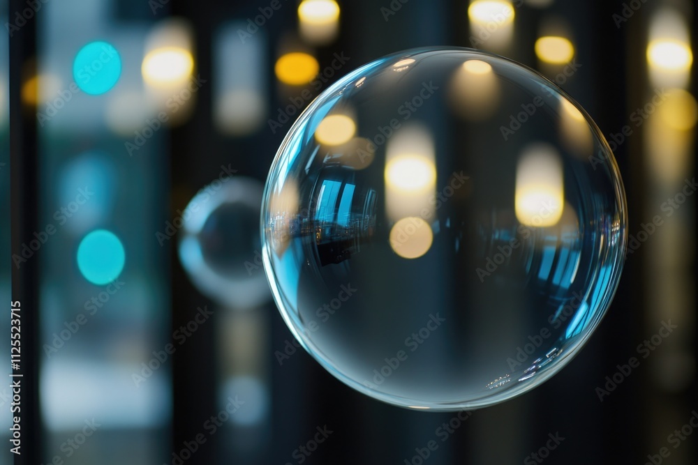 Poster a close-up view of a glass ball with colorful lights in the background, ideal for use in decorative 