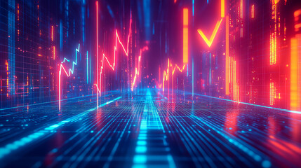 Digital financial data abstract: neon graphs and charts in blue and red