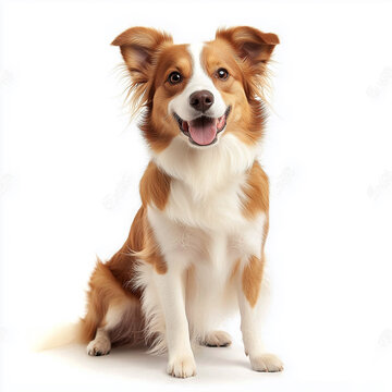 Dog Sitting on a White Background With a Happy Expression and Fluffy Fur. 
