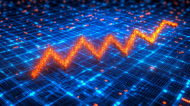 Glowing orange line graph on digital blue grid background - Powered by Adobe