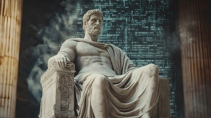 Marble statue enhanced with glowing blue digital overlay and a matrix-like effect, showcasing the convergence of classical art and futuristic technology