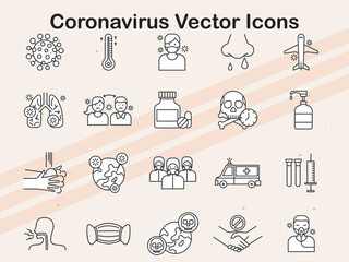 Icons related to coronavirus and health  representing symptoms  safety  and medical guidelines.