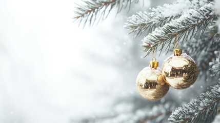 Beautiful Christmas tree background with Christmas tree branches and gold Christmas tree toys
