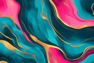 An abstract background of flowing liquid marble patterns in neon pink, teal, and gold. AI generated.
