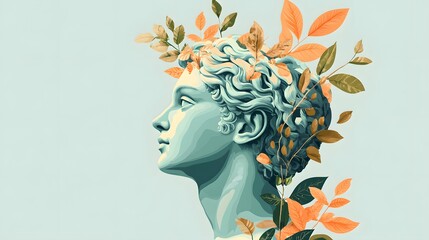 Classical roman bust adorned with colorful leaf and flower detail against soft pastel background creating vibrant yet serene visual appeal