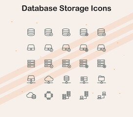 Icons related to database storage  representing data  cloud storage  and database management.