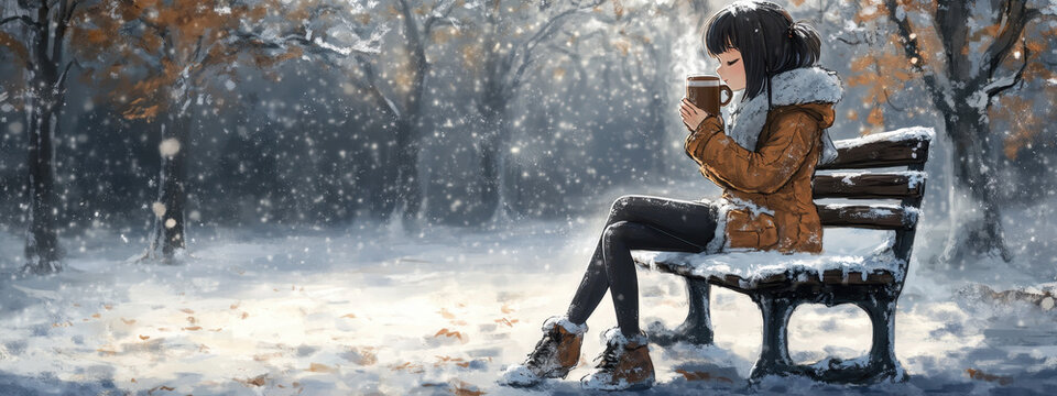 Young woman in winter attire peacefully enjoying a hot drink on a snowy park bench with falling snowflakes creating a serene winter wonderland atmosphere.