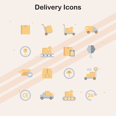 A set of icons for delivery services  showcasing packages  vehicles  and logistics elements.