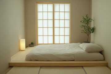 Minimalist japanese bedroom with futon and soft lighting