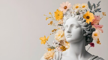 Classical bust sculpture with a colorful floral headpiece on a pastel-toned background blending artistic elegance and contemporary aesthetic