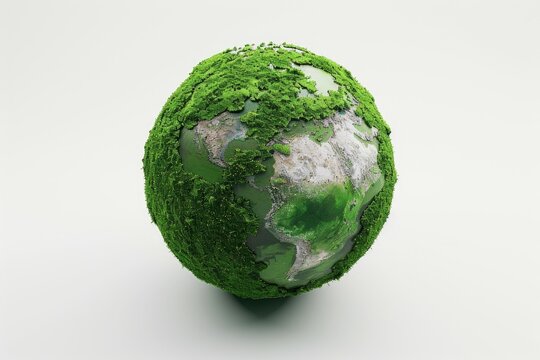 A green globe covered in moss sits on a white surface, suitable for use as a decorative element or symbol in various contexts